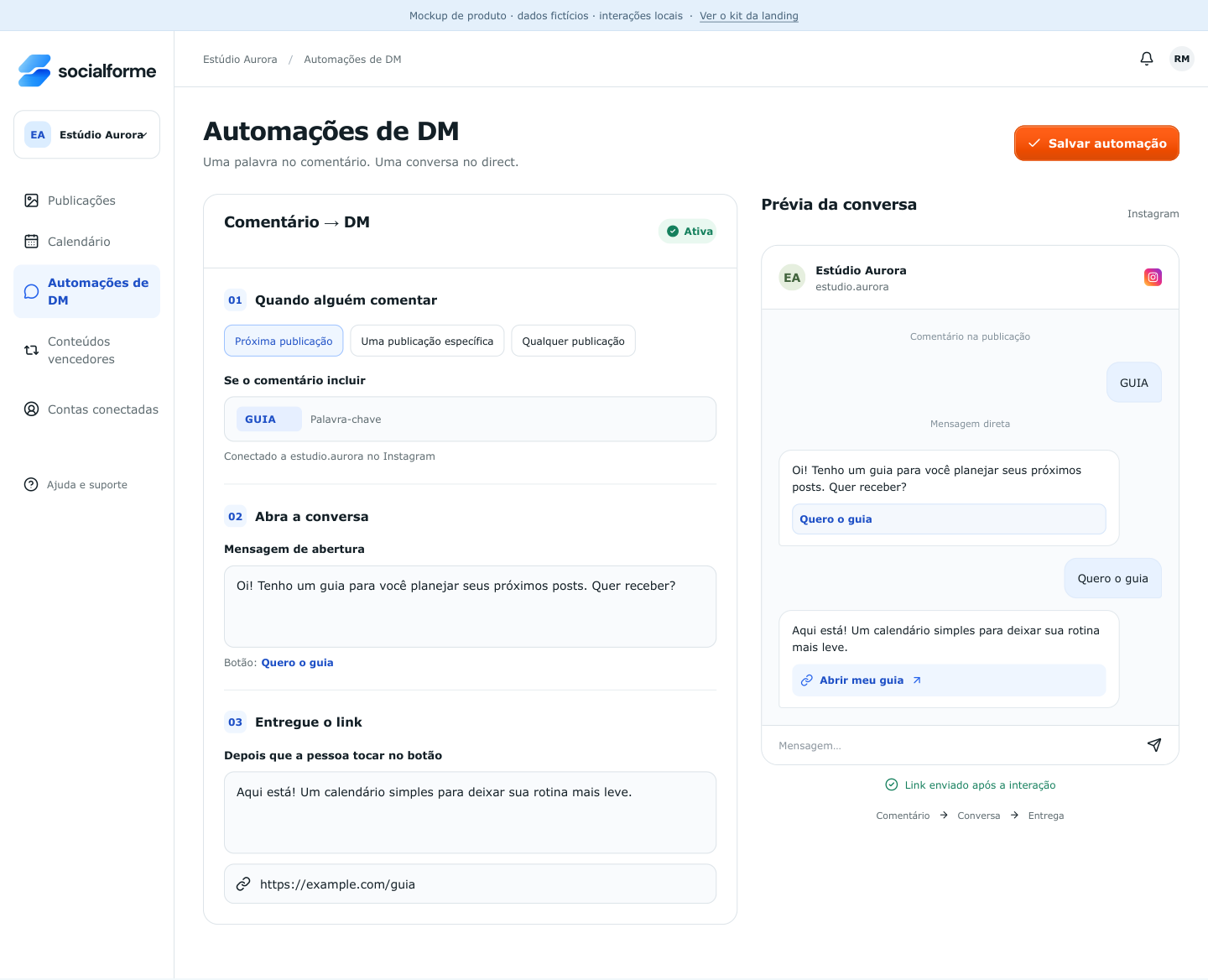 Prévia do fluxo de configuração de uma mensagem direta
